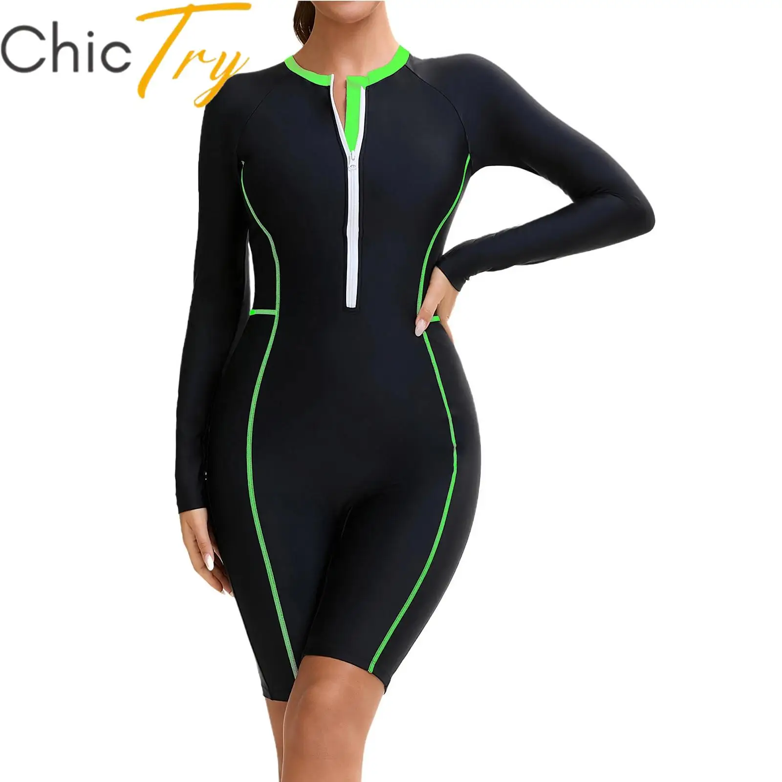 

Womens Swim Leotard Long Sleeve One-Piece Swimsuit Surfing Swimwear Beachwear Bathing Suit Jumpsuit with Removable Chest Pads
