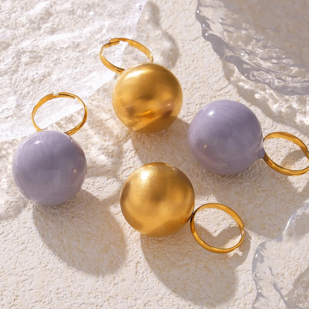 Anello grande sferico viola alla moda da donna Nuovo anello di personalità in acciaio inossidabile placcato oro Accessori di gioielli di design di