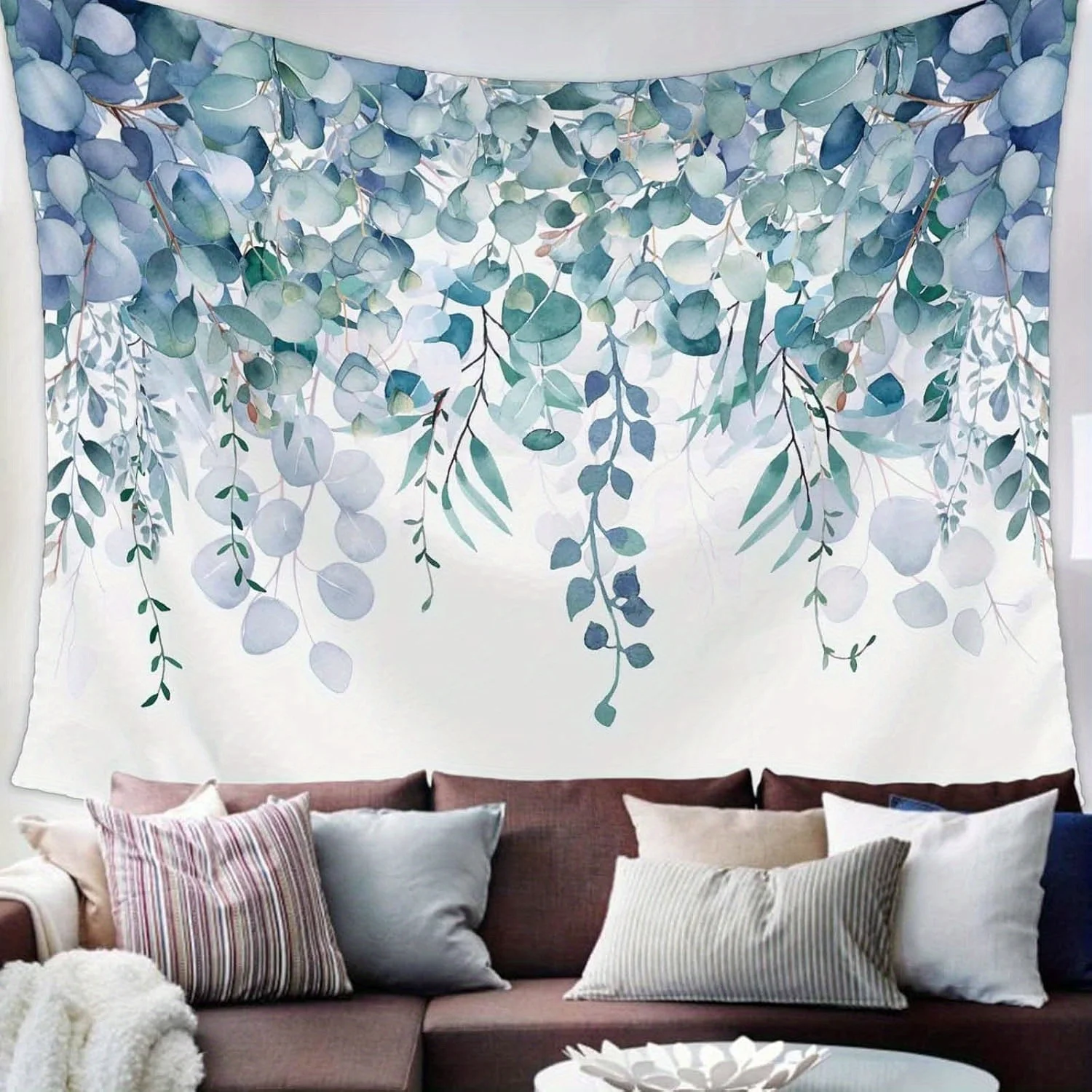 

Цельный гобелен с бирюзовыми листьями эвкалипта - настенный гобелен с акварельными цветами в успокаивающих темно-бирюзовых тонах для спальни, гостиной