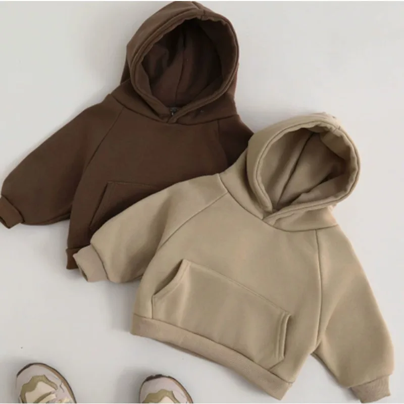Baby Boys Casual Loose Pocket All-match Hooded Top Girls Simple Thick Pullover Cotton Clothes Winter Fleece Solid Hoodies