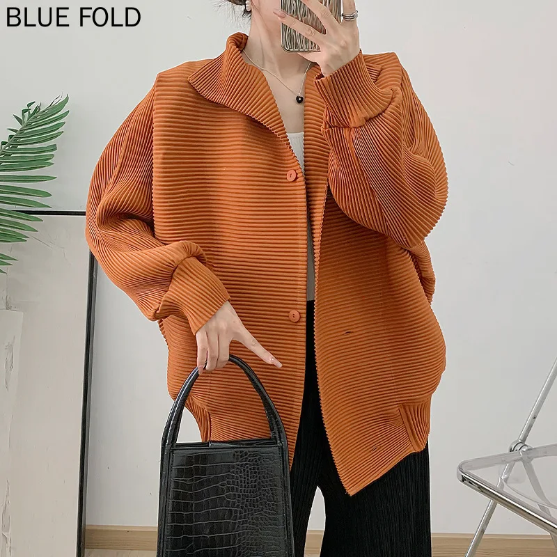 MIYAKE-Single-Breasted Stretchable Short Jacket Women Stretchable Outerwear Top Casual and Elegant Loose Large Lapel Spring Ne