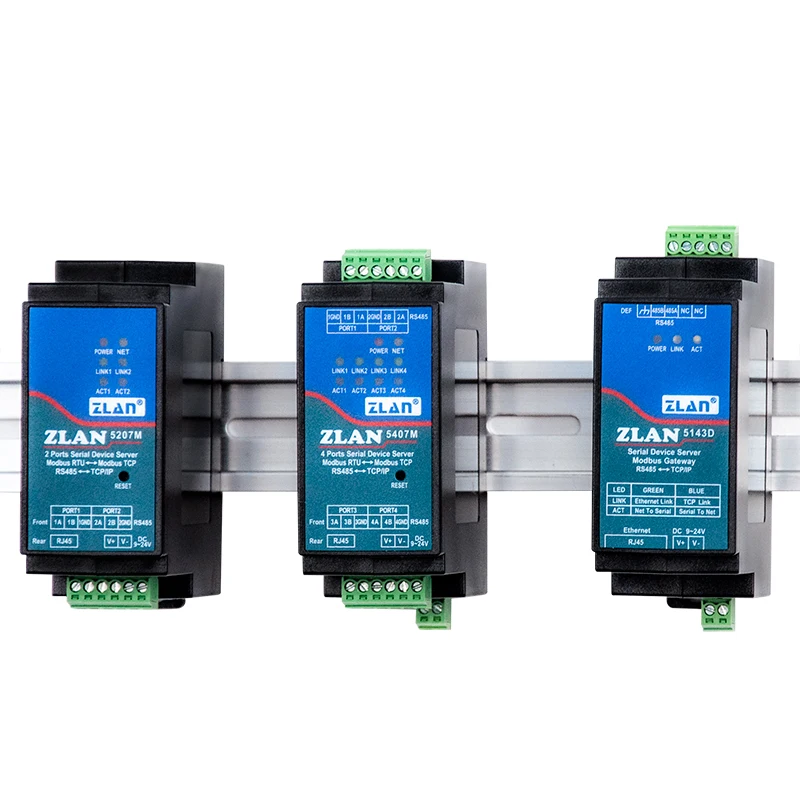 Servidor serie Rj45 de 2 puertos, puerta de enlace Industrial, guía de montaje en riel RS485, convertidor IoT 485 a Ethernet ZLAN5207M