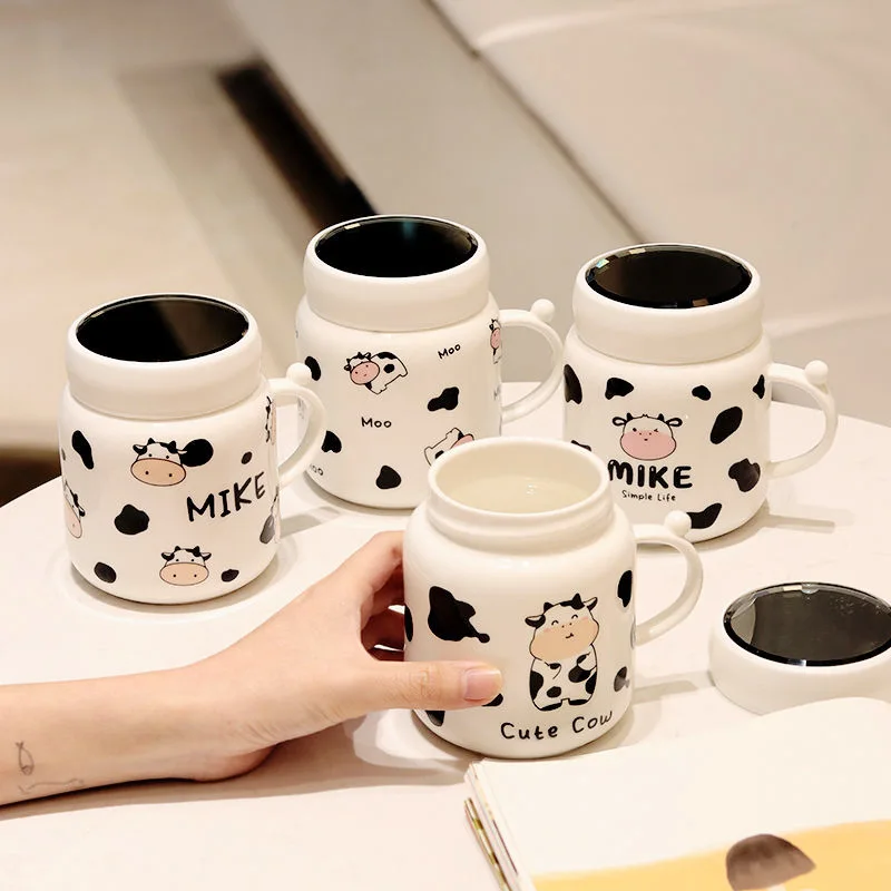 Cartoon Cow Mirror Mug Cute Cow Spotted Ceramic Water Bottle with Handle Couple Kawaii Student Drink Milk Cup Office Gift