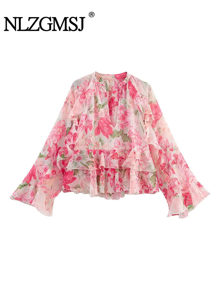 

2025 Summer Casual Chic Women Blouse Print Tierred V-Neck Long Flare Sleeve Loose Shirts New Fashion Blouses