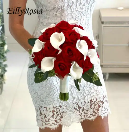 EillyRosia สีแดงดอกกุหลาบสีขาว Calla ลิลลี่สัมผัสจริง Buket Pengantin Elegant Ball งานแต่งงานมือถือประดิษฐ์ดอกไม้งานแต่งงาน