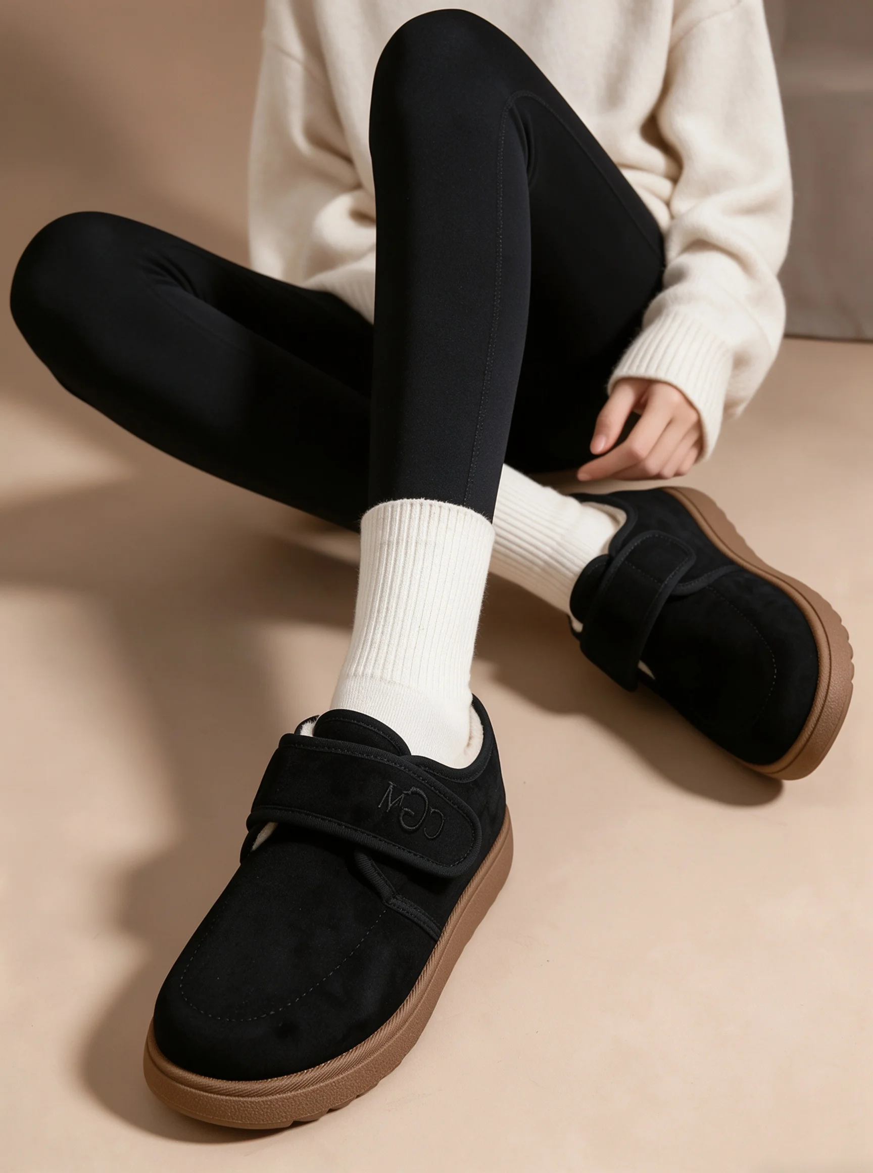 Damen-Winter-Fleece-Innensohlen-Loafer mit Obermaterial aus ultrafeinem Faser-Wildleder und thermischem Baumwollfutter mit Klettverschluss, lässige Outdoor-Schuhe – Detail 10