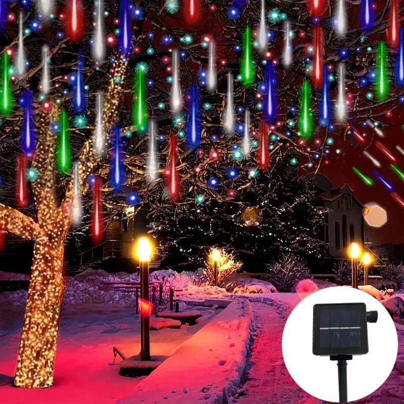 Luces solares de lluvia de meteoritos, 8 tubos LED que caen, cadena de luz para árbol de Navidad, decoración de fiesta de boda, 30cm, 50cm