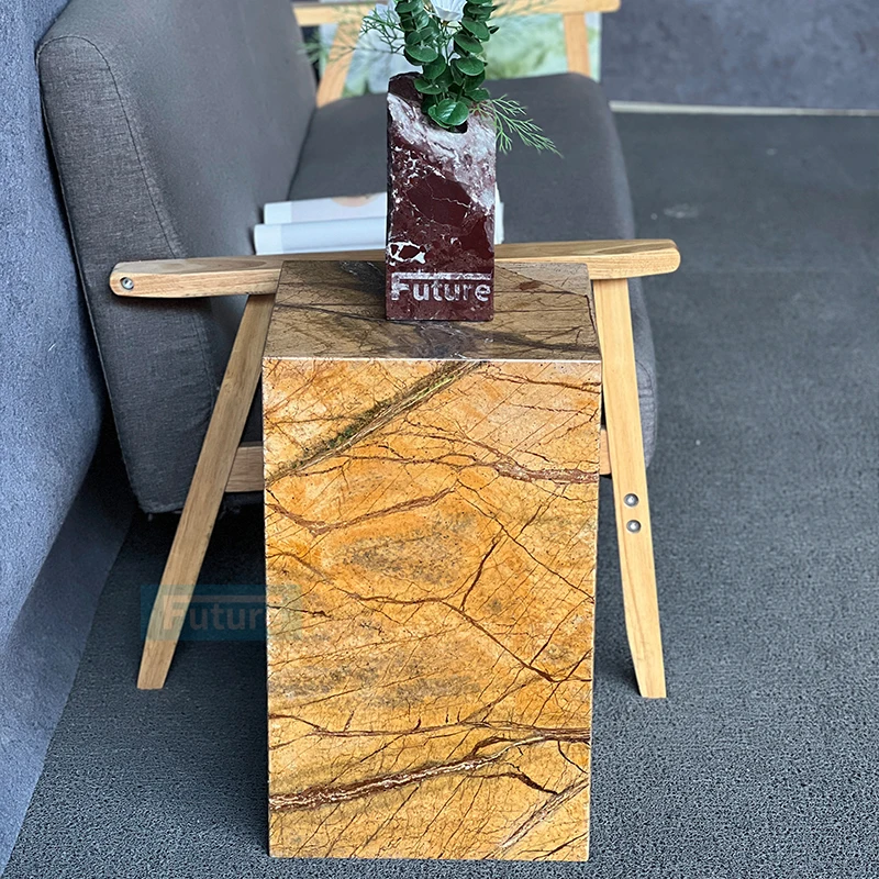 Würfel-Couchtisch aus natürlichem braunem Marmor mit niedrigem Sockel und Marmor für das Wohnzimmer, luxuriöser, natürlicher, maßgeschneiderter quaderförmiger Tee-Beistelltisch