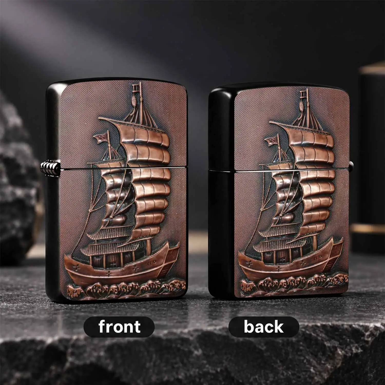 Vintage Style Smooth Sailing Junk Ship Embossed Lighter, Exquisite Relief Red Copper Craft, Portable Practical Accessory For Travel Daily Use, Meaningful Gift For Friends Family, Decorative Ornament For Home Office Scenes, Delicate Engraved