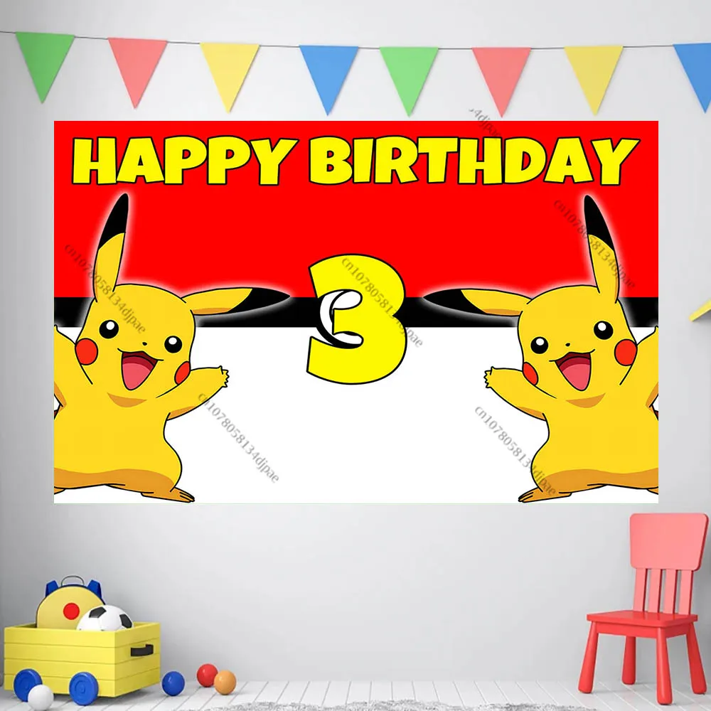 Pokemon Red Party Backdrop Children Custom 1st 2 3 Birthday Background Decoration Pikachu Baby Shower Photo Banner Supplies