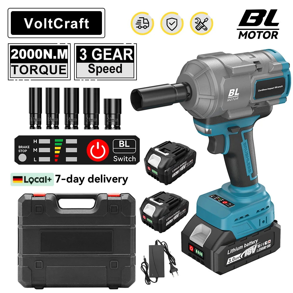 

2000N.M Real Torque Brushless Electric Wrench 1/2 Inch Cordless Impact Wrench Screwdriver Power Tool For Makita 18V Battery craf