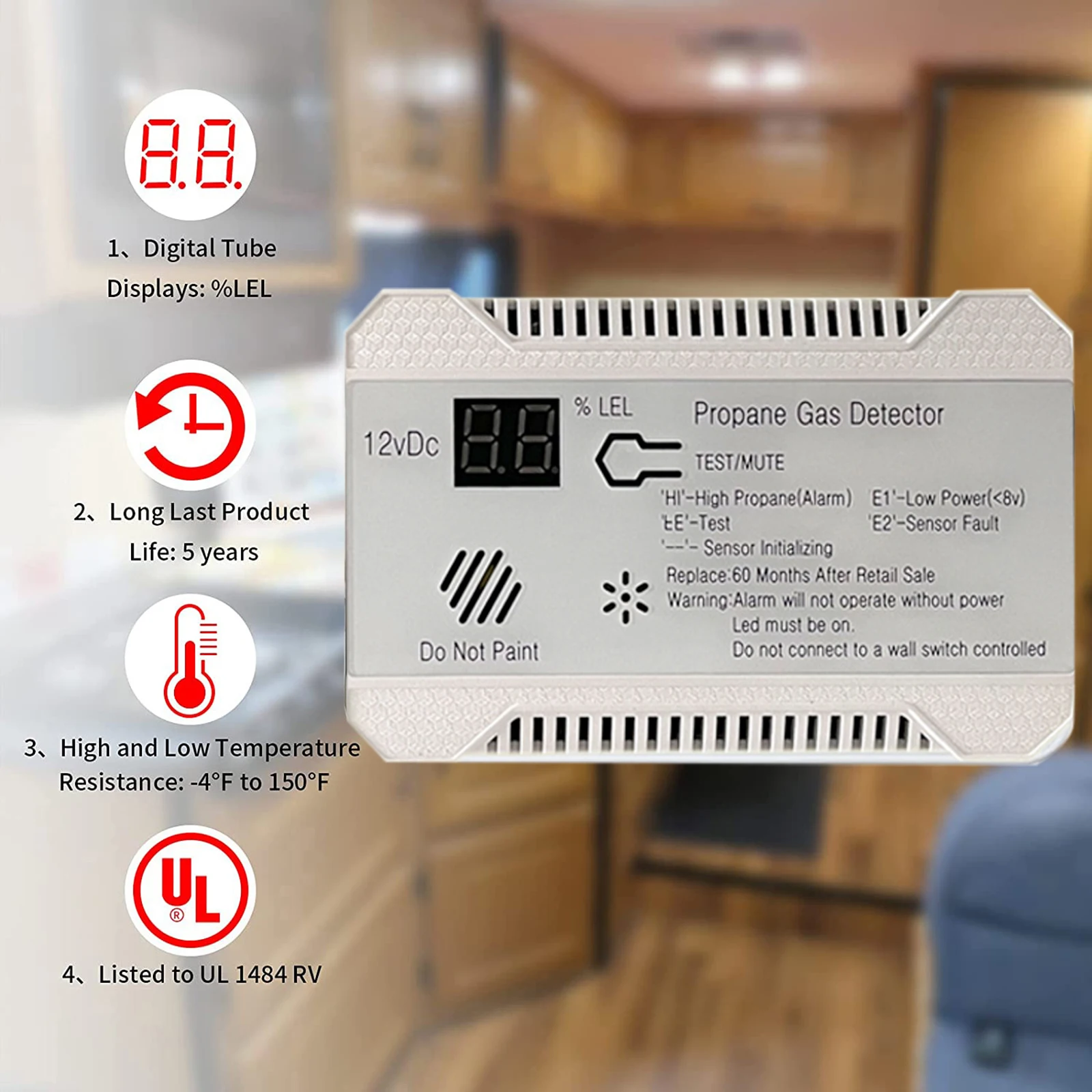 Detector de gas propano RV 85dB alarma fuerte DC 12V, mini alarma de propano RV de diseño compacto para remolque, autocaravana, autocaravana