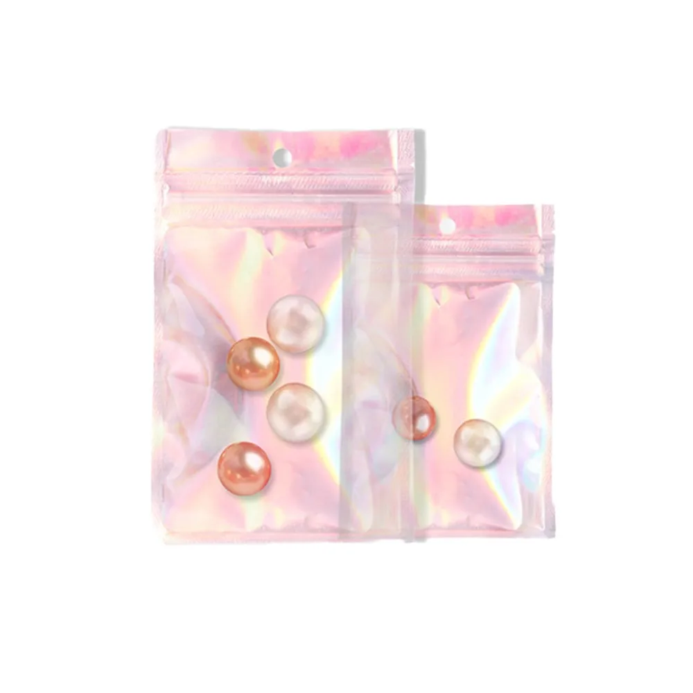 50pcs Cute Clear Holographic Plastic Zip Bags Mylar Foil Pouch for Food Storage Bead Jewelry Small Business Packaging Supplies