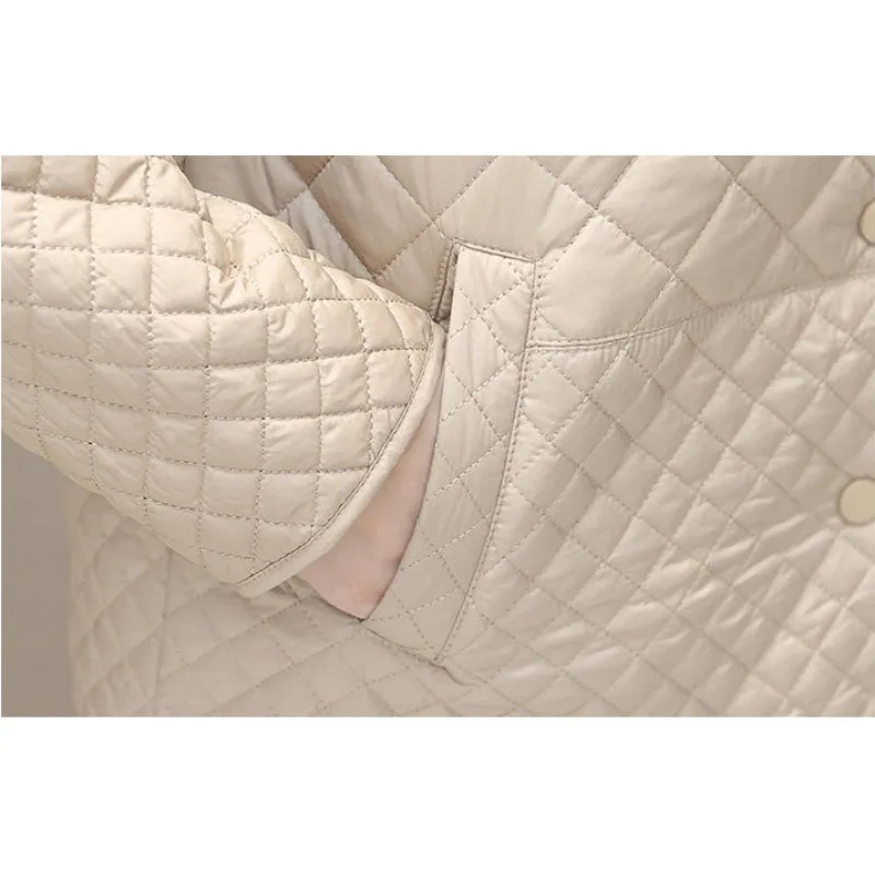 Mid-length Diamond Plaid Jacket Women\'s Overcoat New Spring Autumn Light Cotton Coat Mother\'s Loose Warm Cotton-Padded Coat