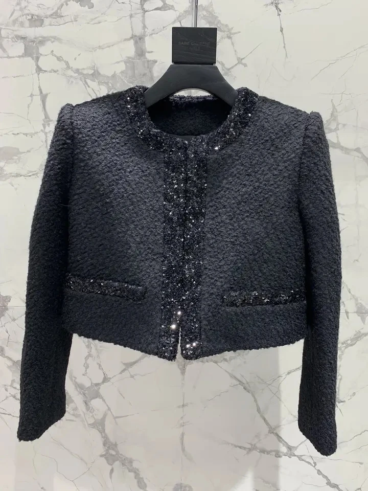 2024 Spring Autumn New Women Wool Black Tweed Jacket Coat With Mini Skirt Suits Sets for Female