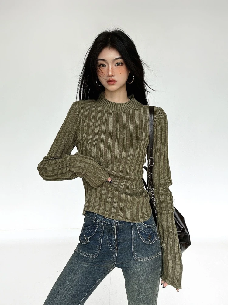 American Retro Style Pullovers Women Trendy Casual Streetwear Sim Fit Solid Green Hotsweet Leisure Autumn Cool Bodycon Kintwear