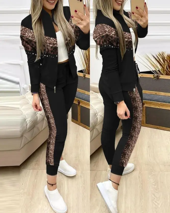 Set of Two Fashion Pieces for Women Leopard Print Contrast Sequin Zip Up Jacket & Pants Set Daily Clothes Women Sporty Casual