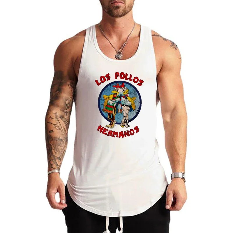 LOS POLLOS Hermanos Funny Printed Sport Vests Gym Bodybuilding Sleeveless Workout Tank Tops Mens Fitness Muscle Running Shirts