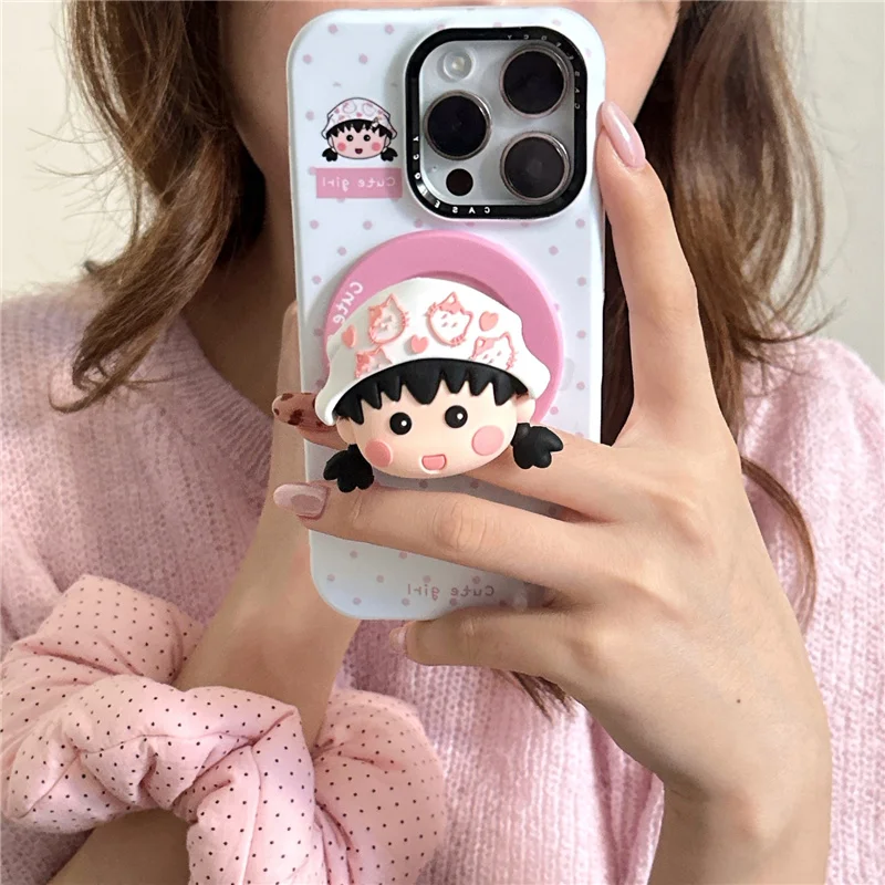 

Kawaii Pink Polka Dot Magnetic Phone Case For iPhone 16 Pro 15 14 13 Pro Max Cover with Hellokitty Stand Hard Cases