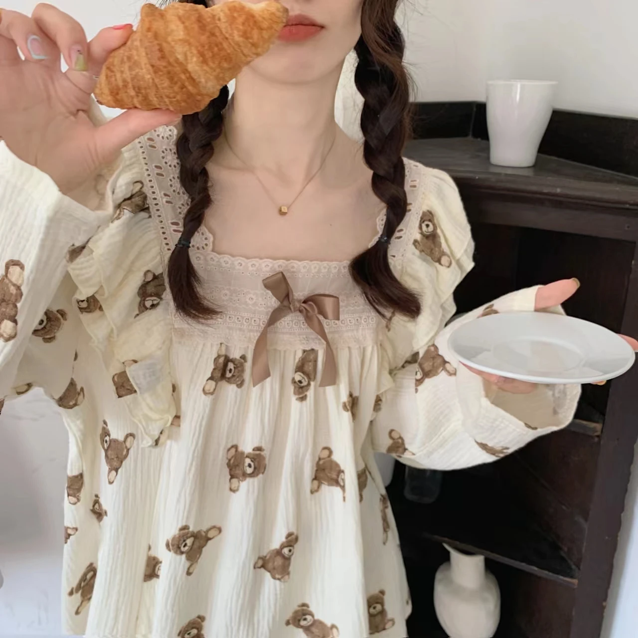 Thin Long Sleeve Home Clothes Set for Women Spring Autumn Princess Style Loose Fit Bear Print Sleepwear with Sweet  ...