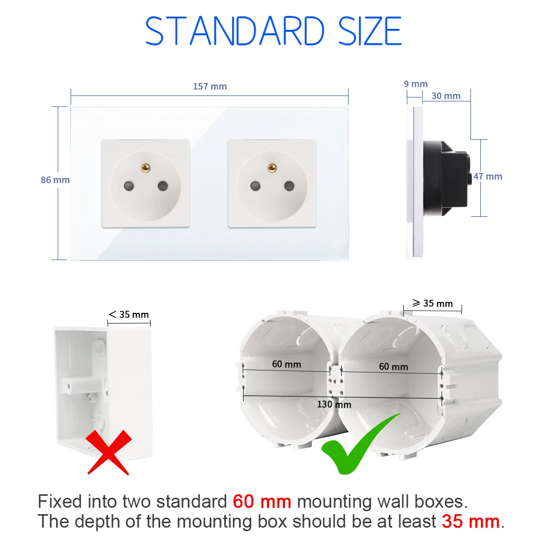 Bingoelec France Poland Standard Double Wall Sockets 16A Toughened Crystal Glass Panel 157mm 110V-250V Electrical Outlet