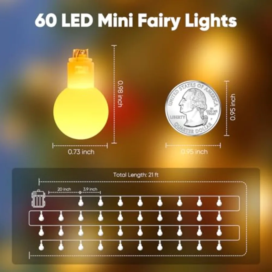 Battery Operated String Lights, 21Feet 60 LED Globe Fairy Lights with Remote, Waterproof Twinkle Lights for Indoor Outdoor Bedr
