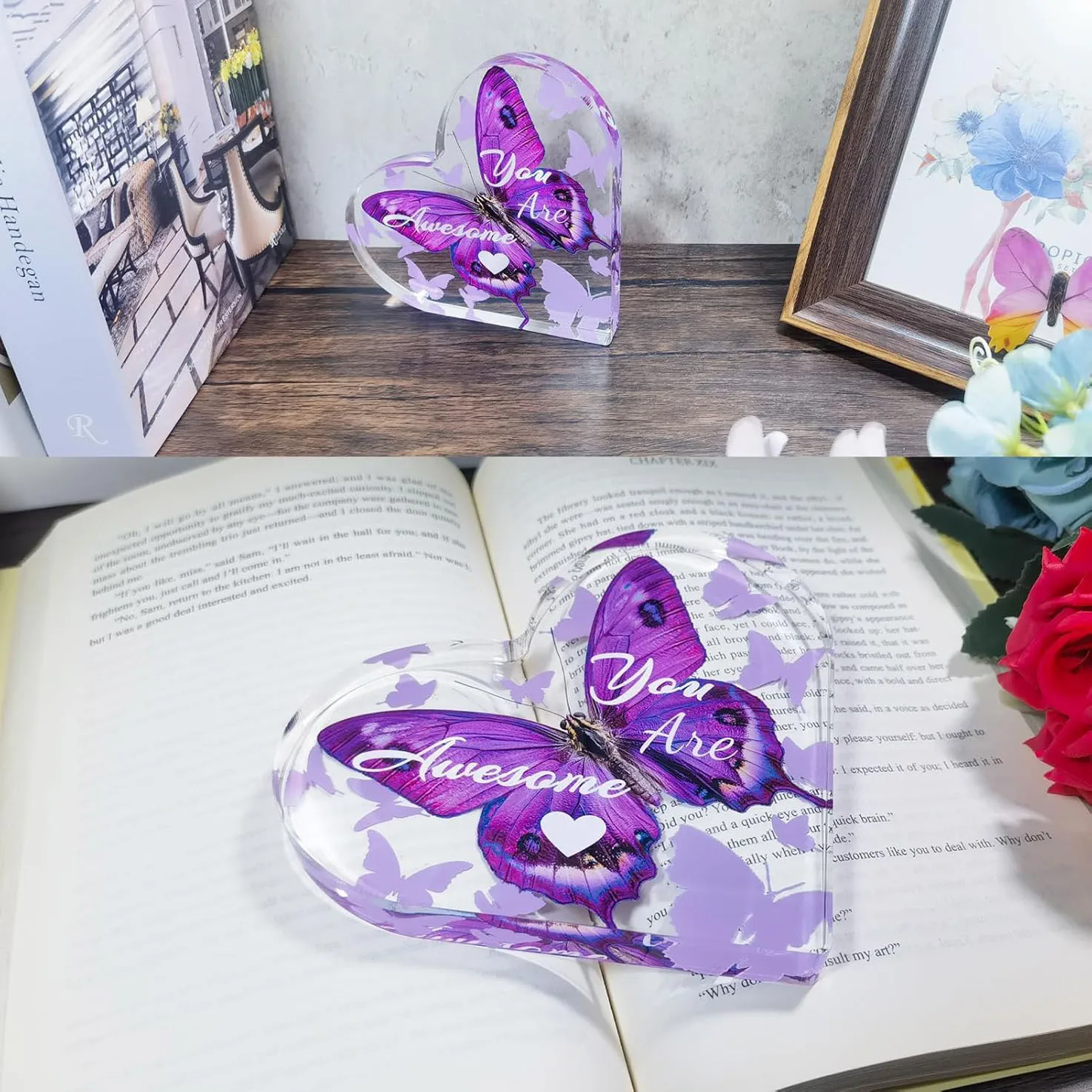 Realistic Purple Butterfly Silhouette Background Heart Acrylic Stand, Uplifting Positive Quote Table Ornament