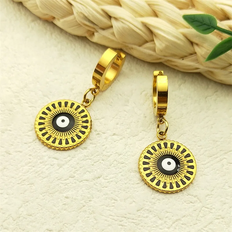 

Boho Black Devil Eye Round Pendant Drop Earrings For Women Men Stainless Steel Gold Color Turkish Eye Hoop Earring Jewelry