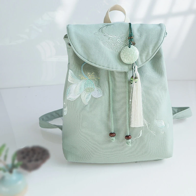 15-inch Retro Backpack Chinese-Style Hanfu Artistic Embroidered Zipper Drawstring Canvas Bag Laptop Backpack for Women image 4