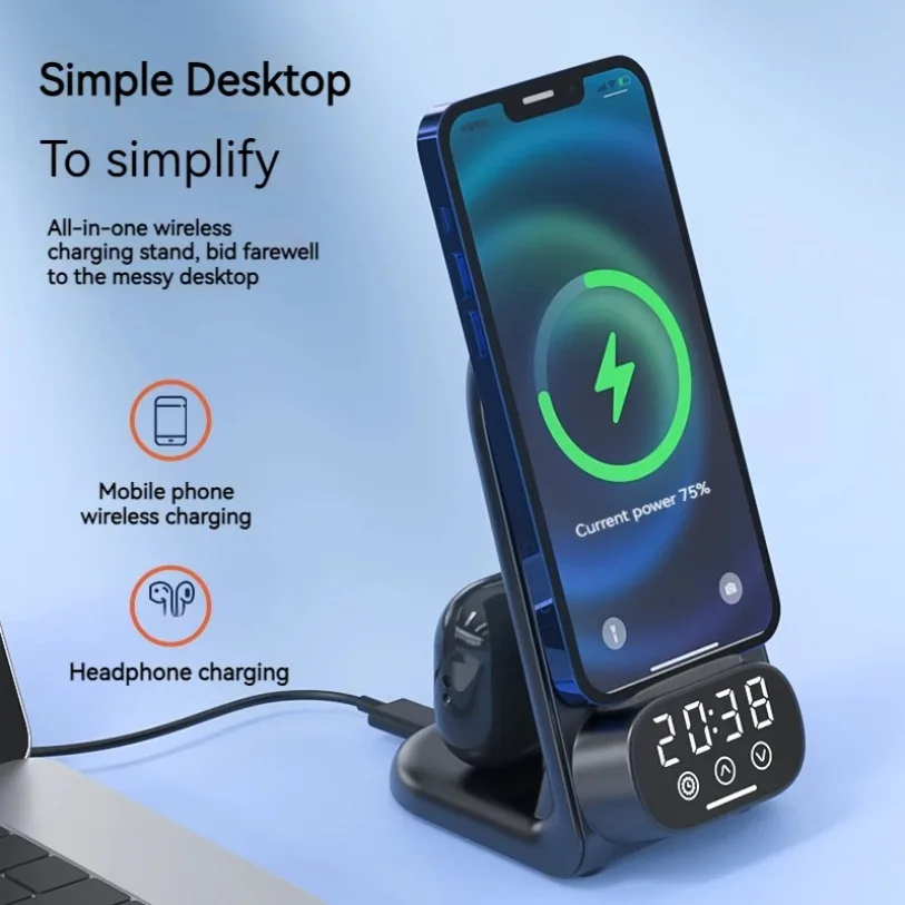 15W Clock Wireless Charger Stand for Airpods Type-C Earphone Fast Wireless Charging Station for iPhone 17 16 15 14 13 12 Samsung