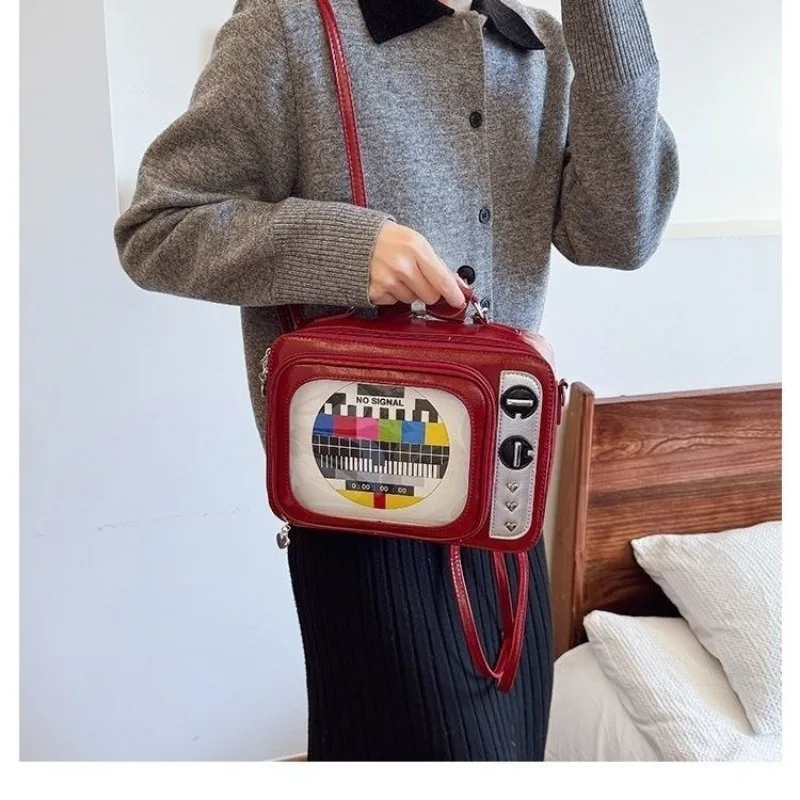 

Cartoon Cute Handbags for Women Funny Retro TV Transparent Square Bag Fashion Leather Personalized Creative Shoulder Bag Woman