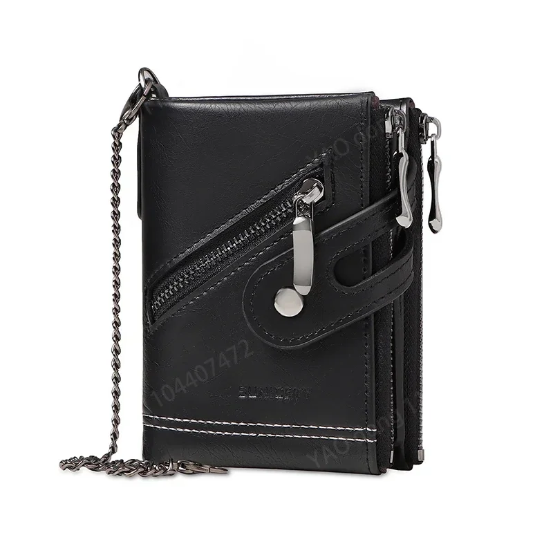 Retro Style Wallet Men Metal Chain Anti Theft PU Leather Bifold Zipper Wallet Credit Card Storage Bag Business Car