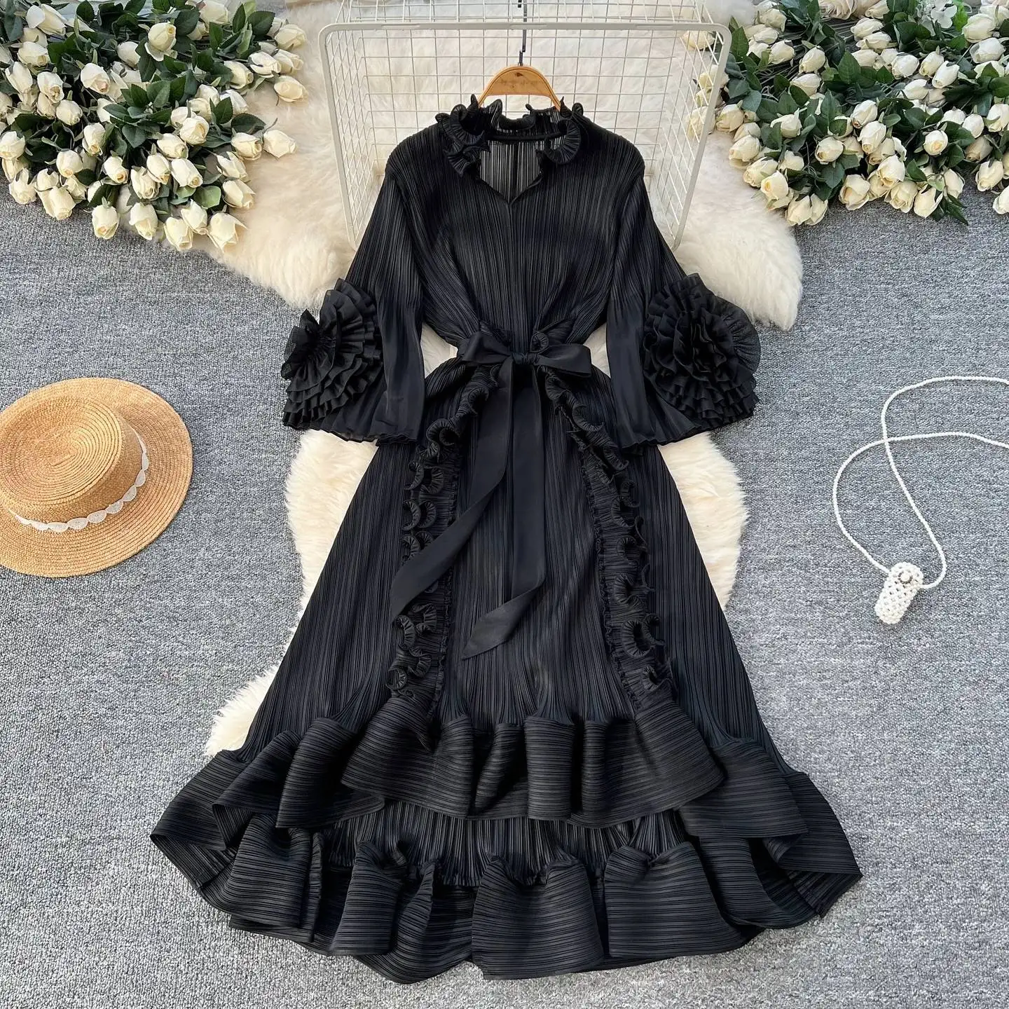 ANLAN Lusso Miyake 3D Ruffles Splice Abiti a pieghe Donna Scollo a V Alta elasticità Cintura con lacci Boho Robe Party Abbigliamento 2AN7516