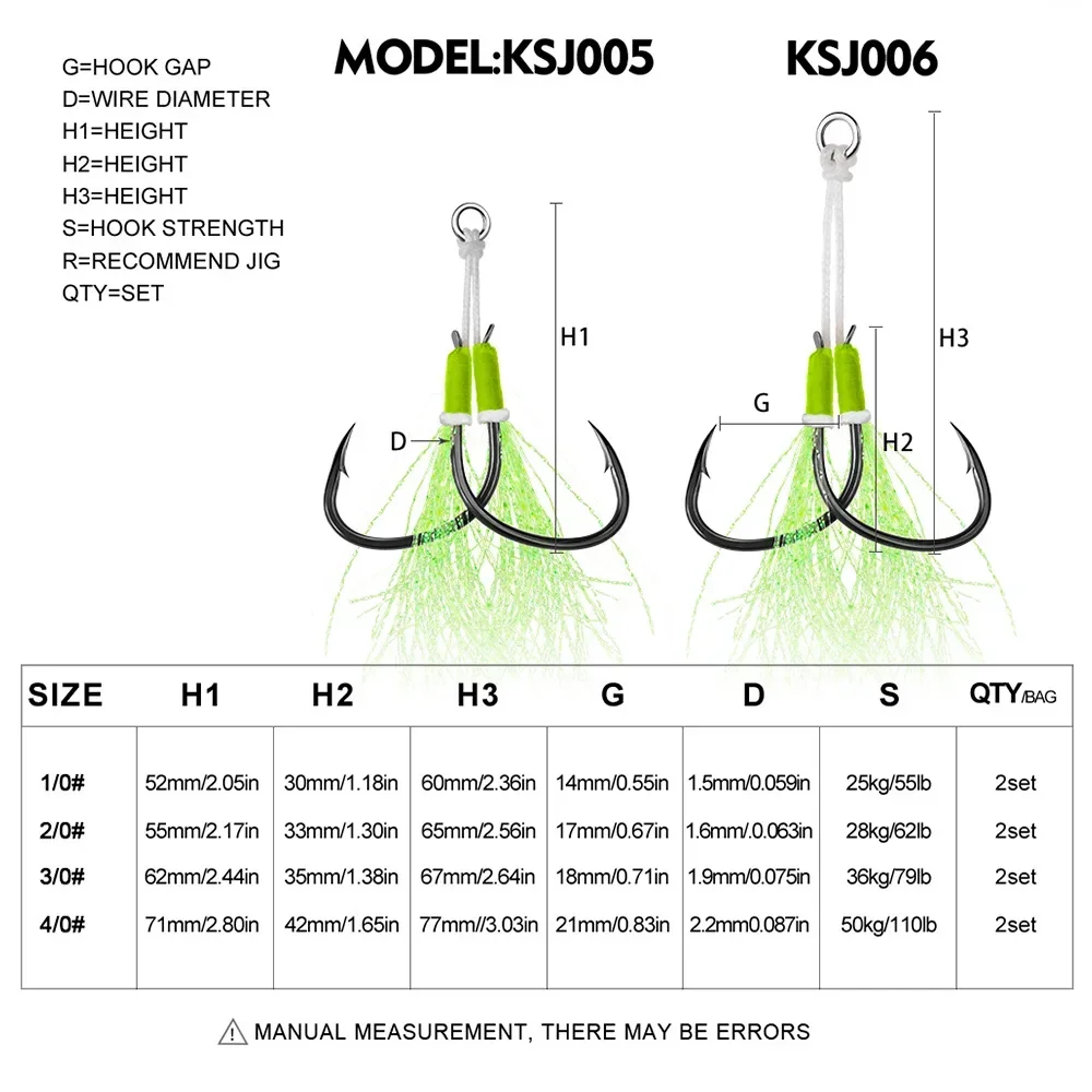 2pairs/bag Assist Jigging Hook Glow Assist Hooks JigLure Double Saltwater Luminous Feather Jig Lure Fishing Hooks