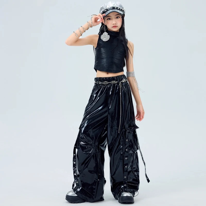 Black Jazz Dance Outfit Trendy Suit For Girls Kpop Stage Costume Summer Vest Hip Hop Trousers Children Street Dance Clothes 2068