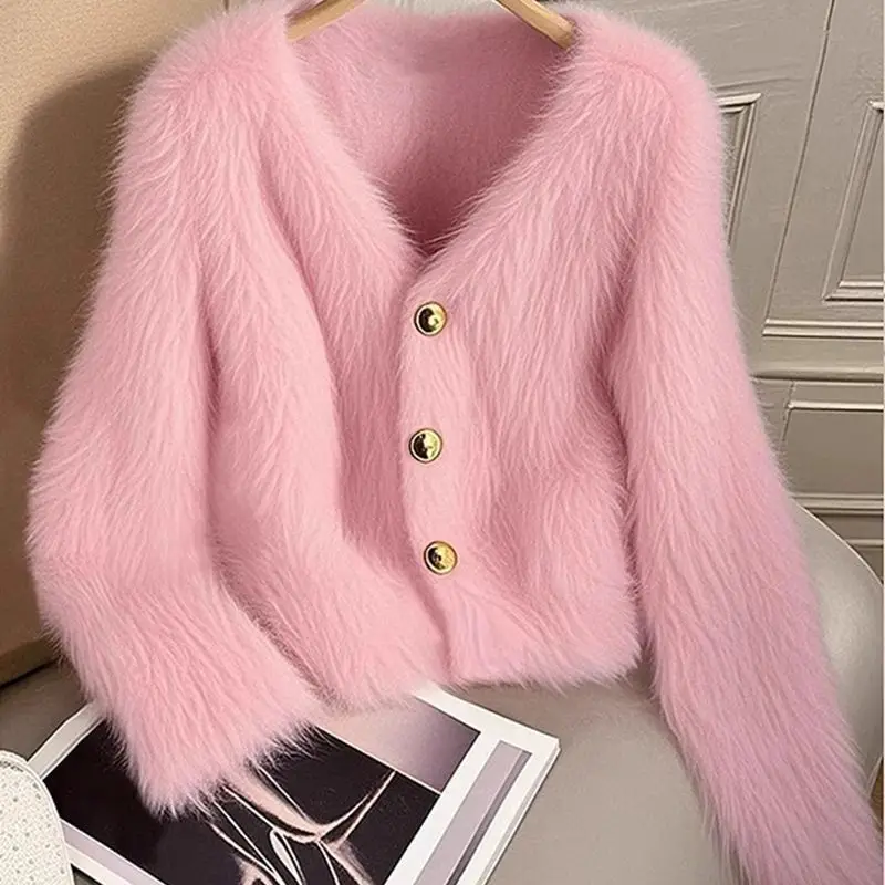 

New Korean Style Niche Design in Winter Versatile Slim Casual Pink Knitted Cardigan Jacket for Women
