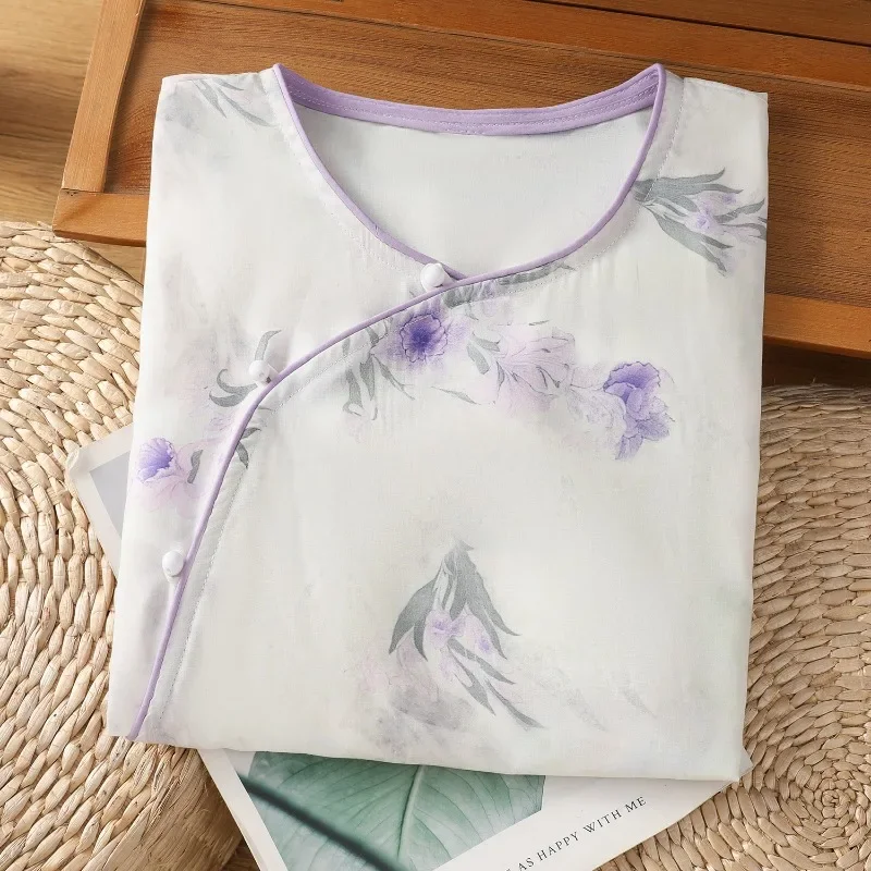 

Chinese Style Women's Blouses Printed Vintage Shirts Fashion Loose Summer Clothing Short Sleeved Cotton Linen Women Tops