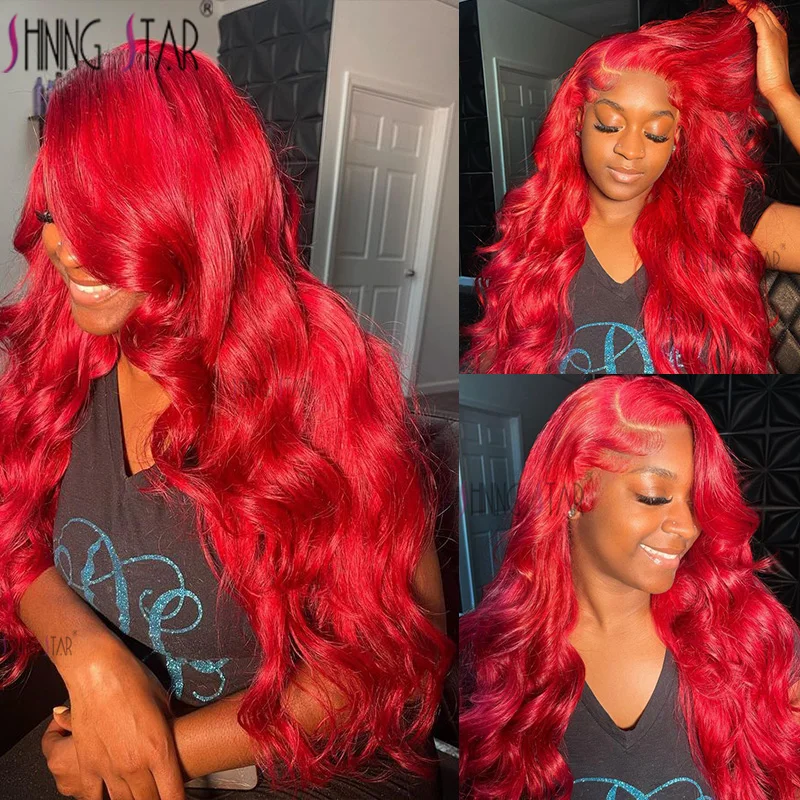 Hot Red Body Wave 13X6 Transparent Lace Front Wigs Pre Plucked 180 Density 100% Human Hair 13X4 Lace Frontal Wig Black Women