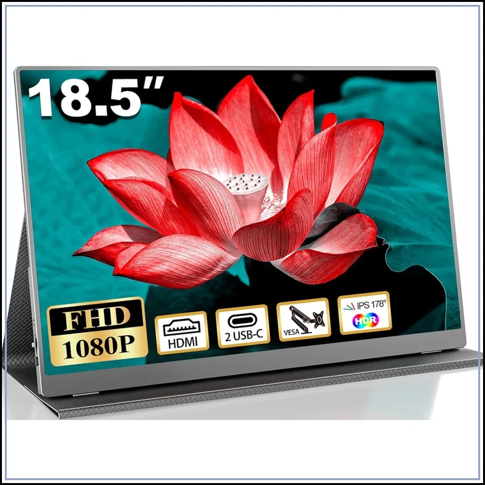

18.5" FHD 1080P Portable Monitor, 100% sRGB IPS Display for Laptop, USB-C HDMI, VESA, Smart Cover & Speakers