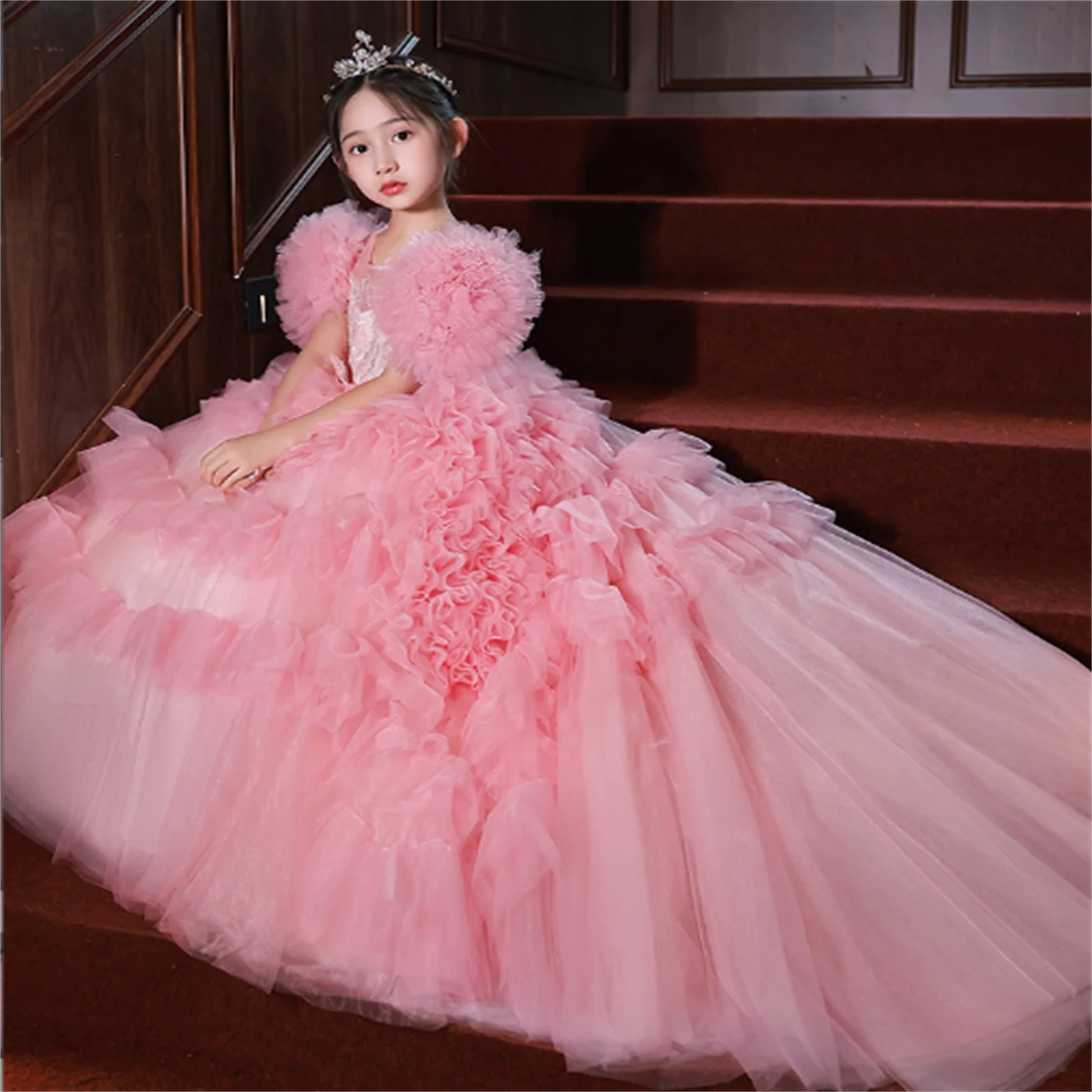 

Girl Communion Flower Girl Dress Kids Princess Lace Floor Length Wedding Sweetheart Tulle Beach Petal Sleeve Court Train Prom Dr