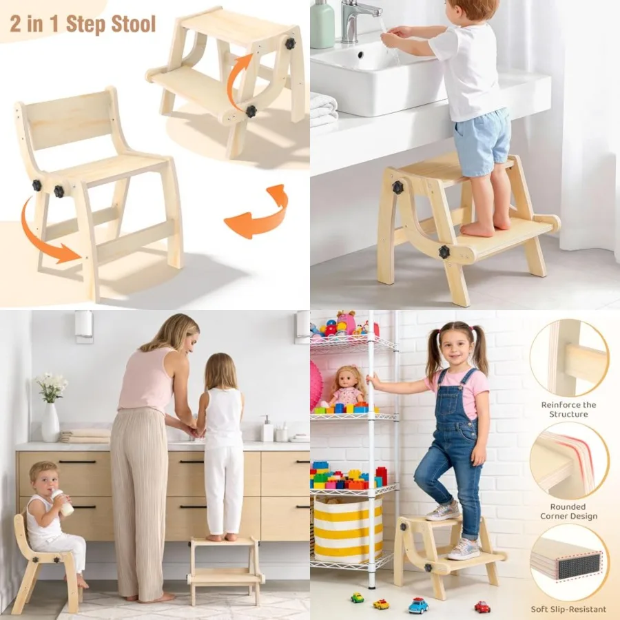 

Toddler Step Stool, Foldable Step Stool for,Convert to Chair, Toddler Stool for Bathroom Sink and Potty Training, Wooden Step S