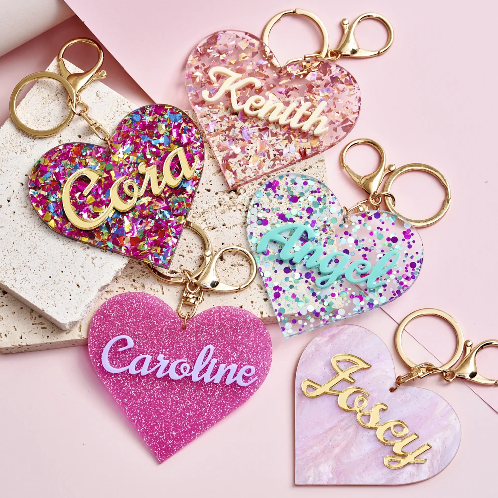 1PC Custom PMMA Keychain - Personalized Heart-Shaped Sparkly Accessory | Laser Engraved Daily Use Gift for Teens