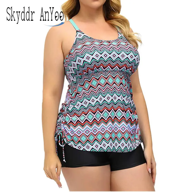 Tankini de talla grande para mujer, bañadores estampados de dos piezas, traje de baño de cintura alta con Control de barriga, traje de baño