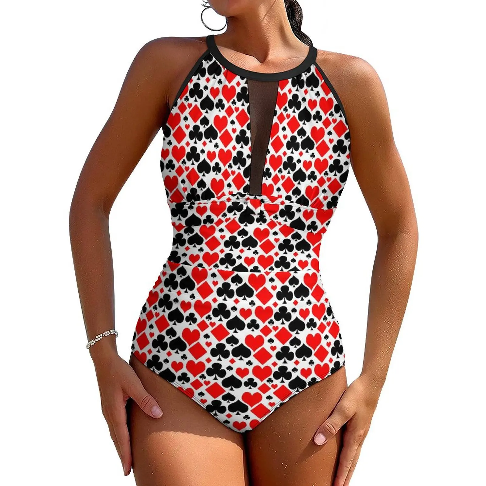 

Playing Cards Print Swimsuit Sexy Clubs and Spades Women Swimwear One-Piece Fashion Swimsuits Fitness Push Up Mesh Beach Wear