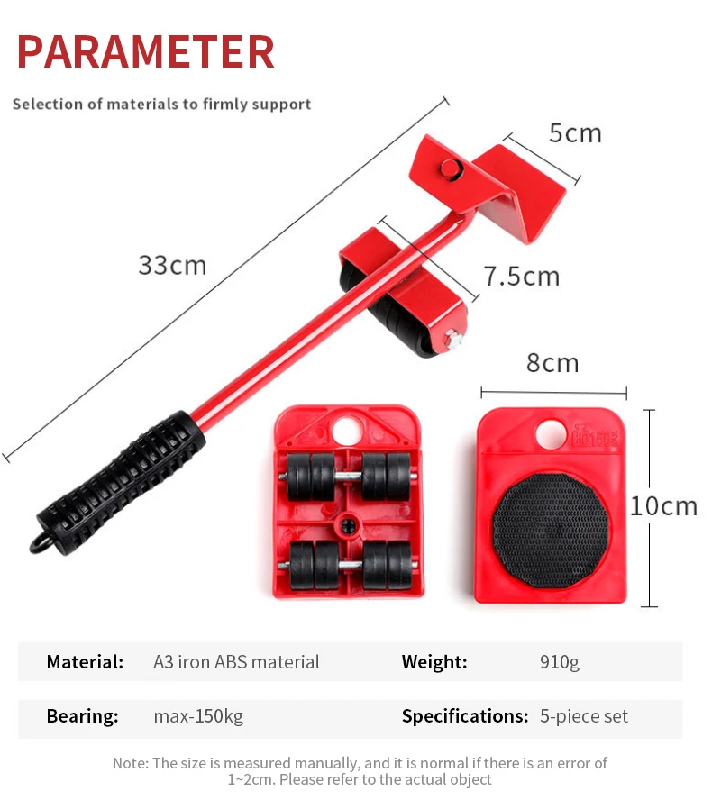 New Heavy Duty Furniture Lifter Transport Tool Furniture Mover Set 4 Sliders 1 Wheel Bar For Lifting Moving Furniture Helper