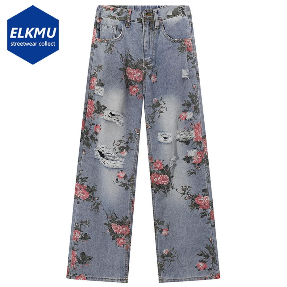 

Floral Graphic Ripped Jeans Vintage Loose Straight Denim Pants Streetwear Harajuku Hip Hop Jeans