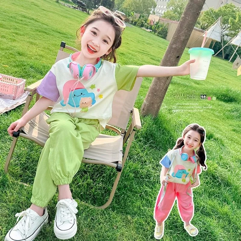 

Korean Style Color Block Cartoon Two-Piece Set for Girls Baby Fashionable Summer Long Pants Top And Bottoms Outfit