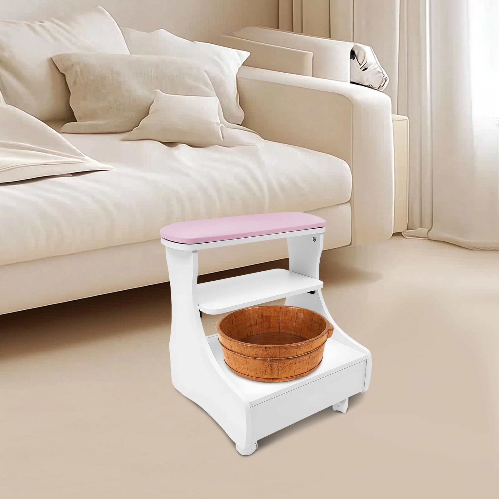 (Pink) Portable Foot Bath Spa Cart W|Practical Drawer, Foot Rest Pedicure Trolley W|4 Wheels W|Brakes for Hair Salons Bathrooms