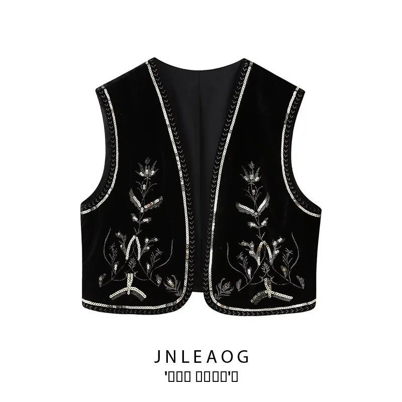 

JNLEAOG Autumn New Women's Velvet Embroidered Bead Decoration Vest Versatile Sle Polyester Fiber Ladies' Jaet