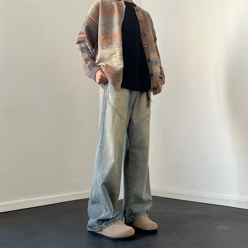 Pantaloni jeans blu lavati impiombati a gamba larga larghi alla moda da uomo in stile vintage americano High Street